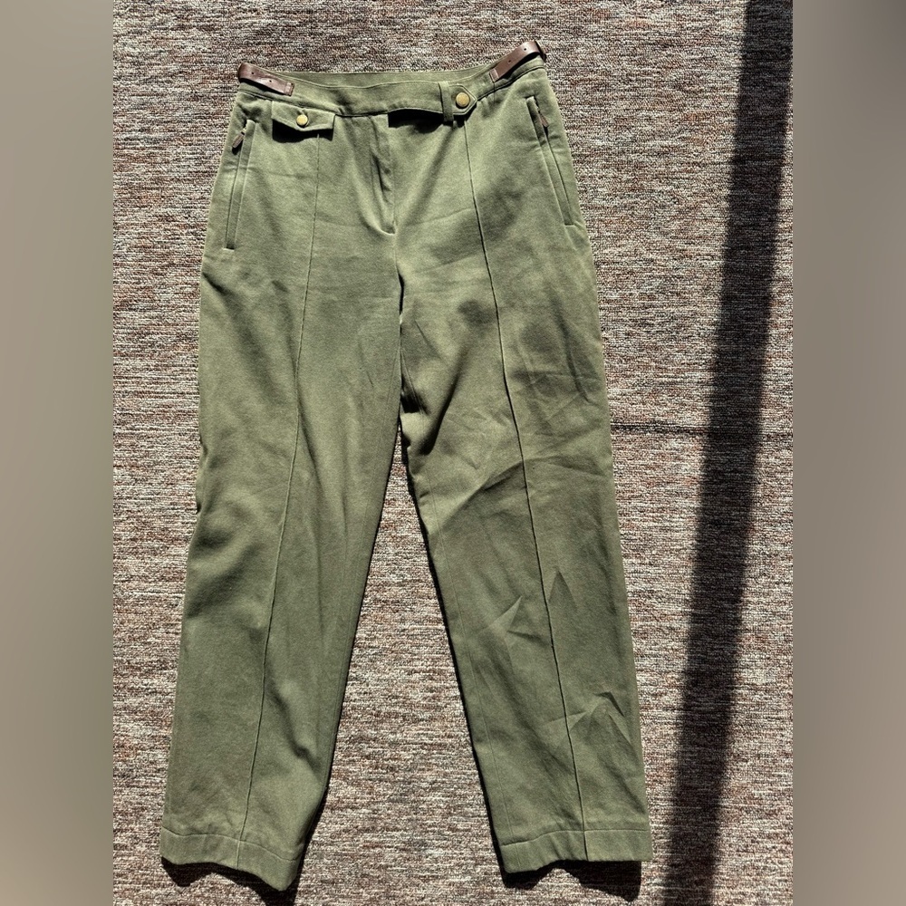 Ralph Lauren Olive Drab Faux Leather Trim Pleated Career Trousers 4P